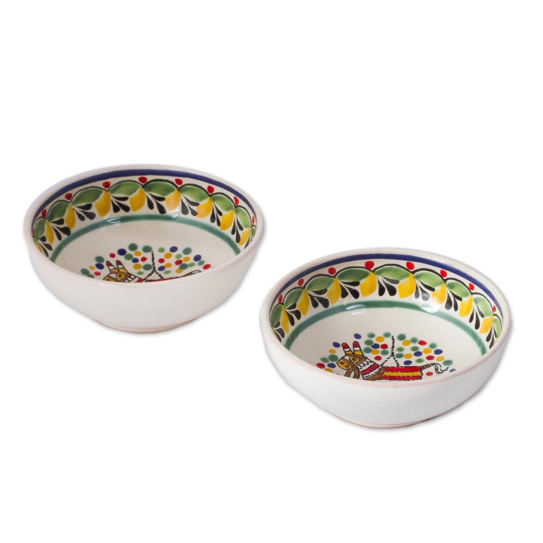 Piñata-Themed Ceramic Bowls from Mexico (Pair) - Festive Piñata