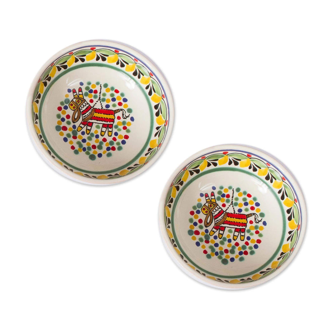 Piñata-Themed Ceramic Bowls from Mexico (Pair) - Festive Piñata