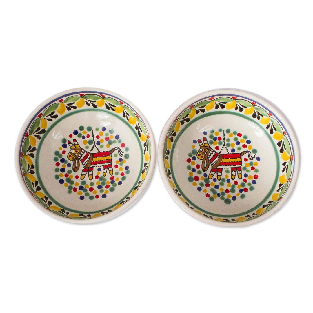 Piñata-Themed Ceramic Bowls from Mexico (Pair) - Festive Piñata