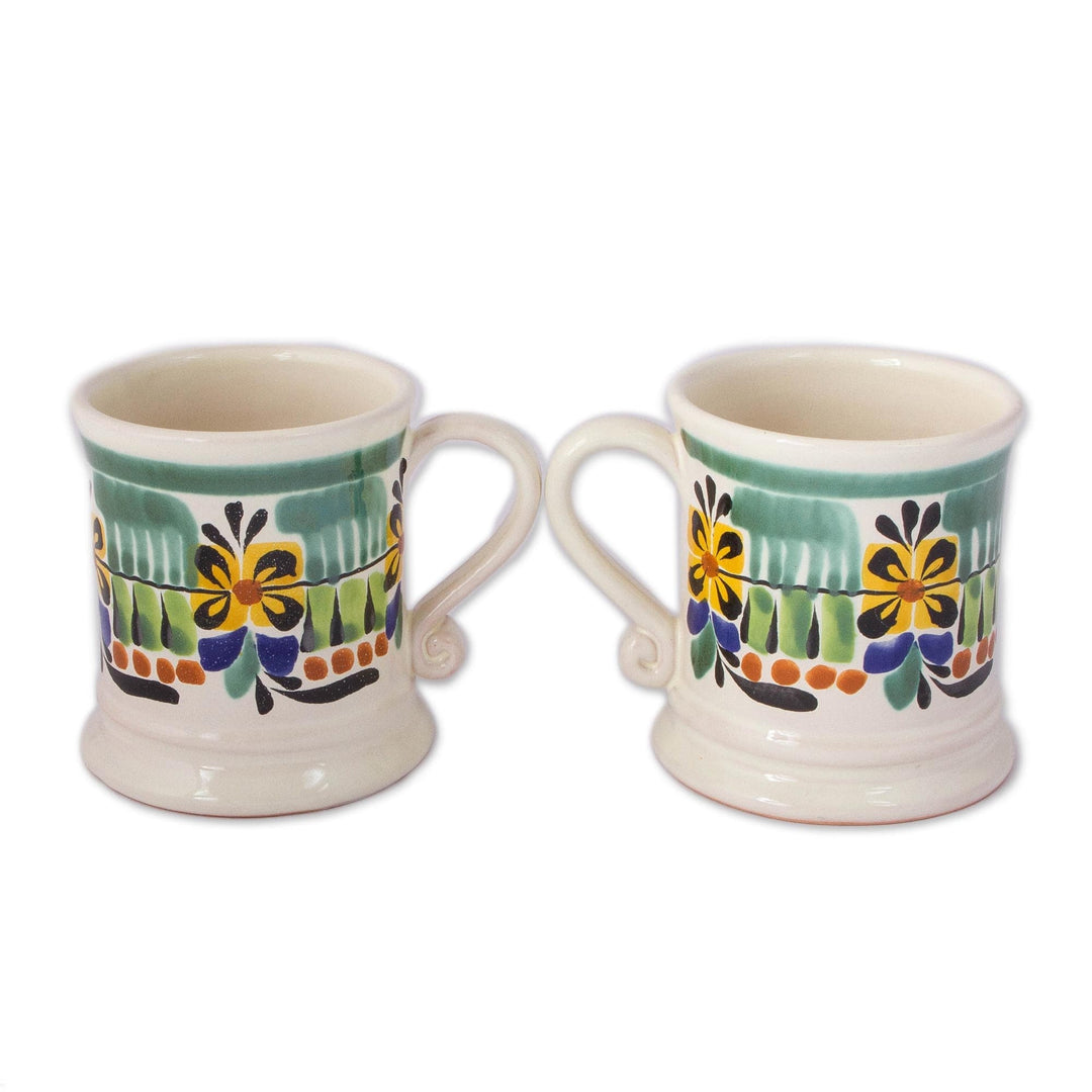 Floral Ceramic Mugs from Mexico (Pair) - Majolica Bouquet