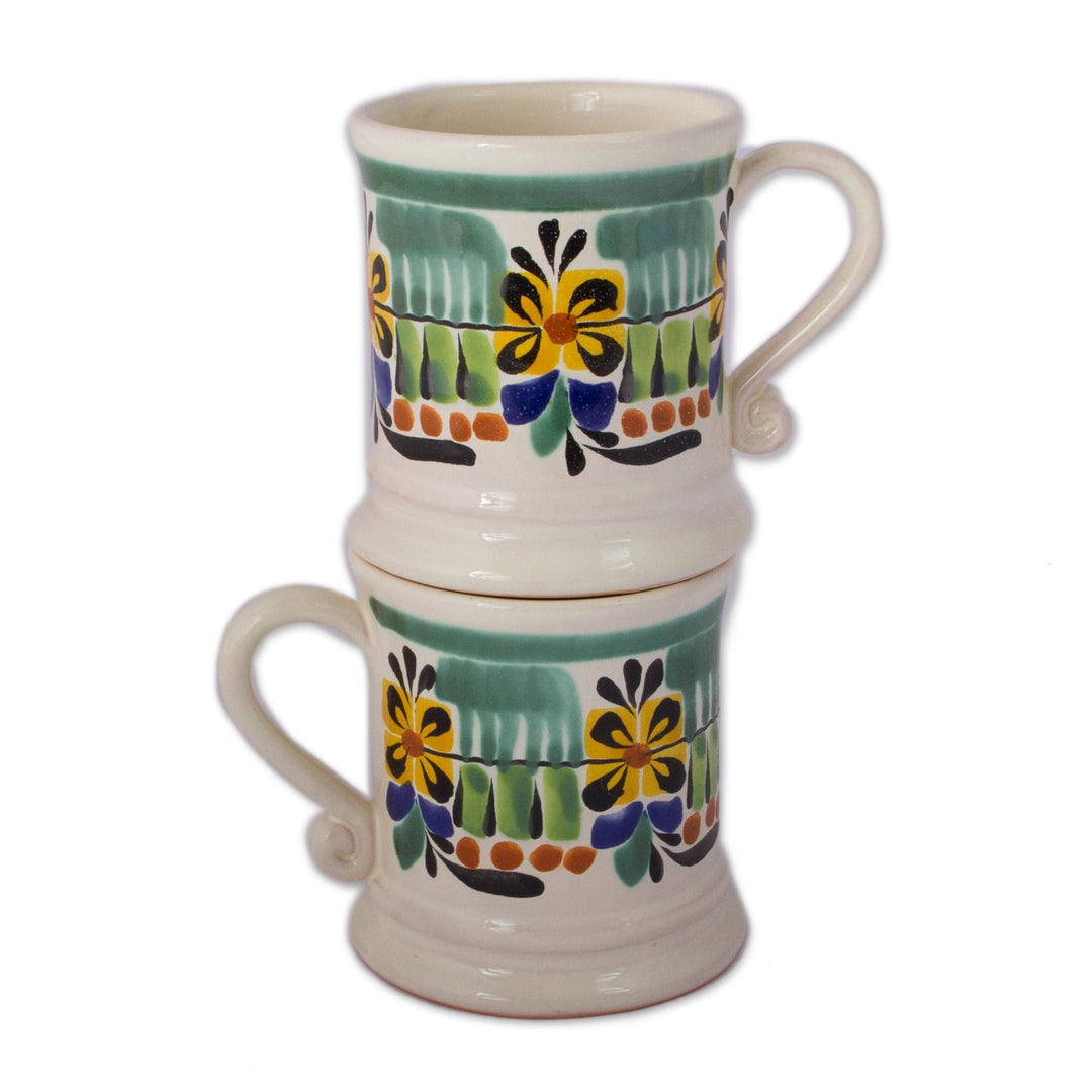 Floral Ceramic Mugs from Mexico (Pair) - Majolica Bouquet