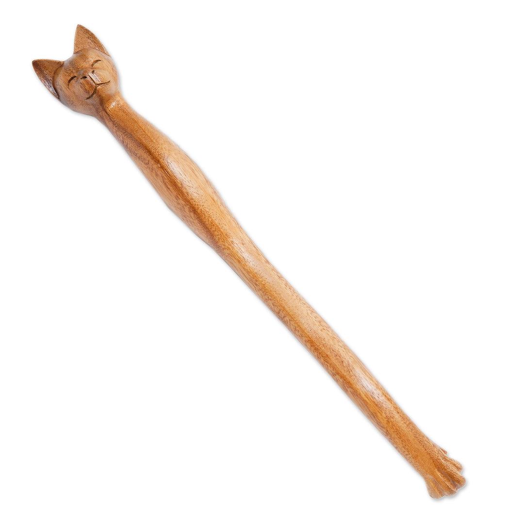 Cat-Themed Natural Wood Back Scratcher from Bali - Helpful Cat