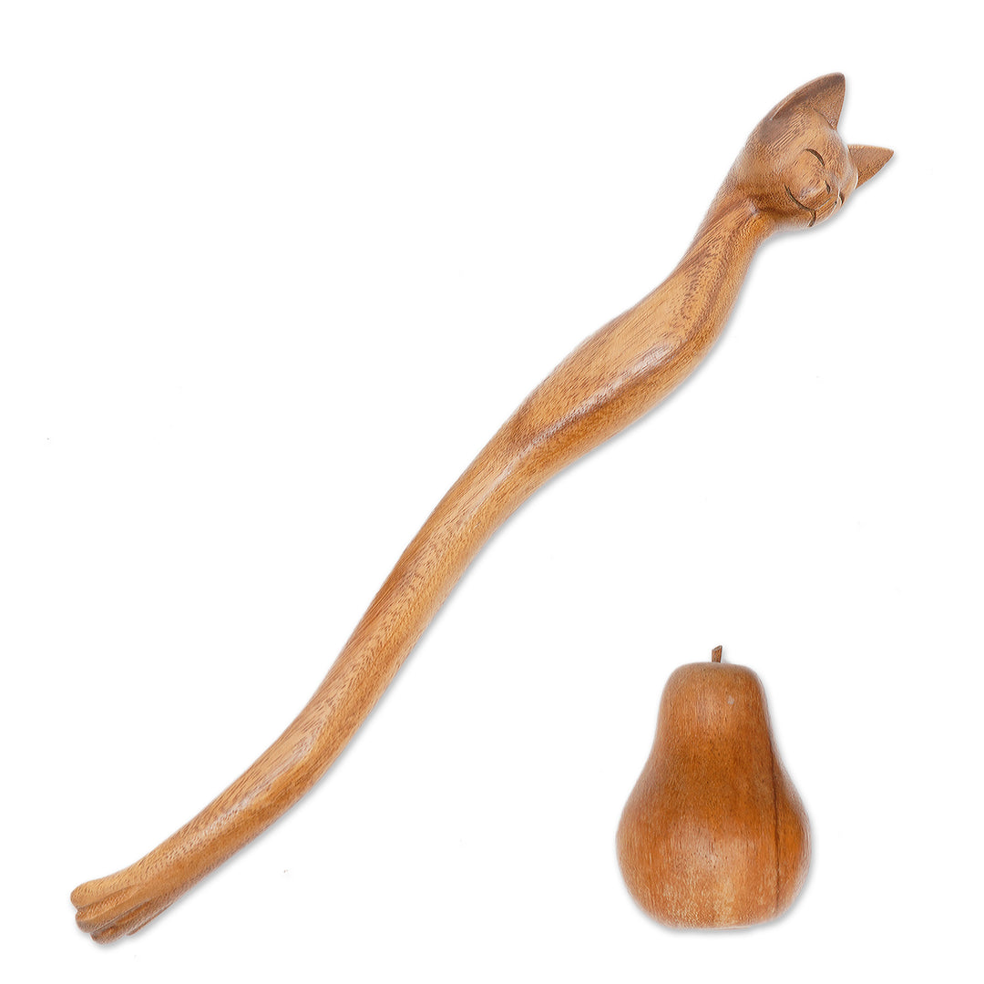Cat-Themed Natural Wood Back Scratcher from Bali - Helpful Cat
