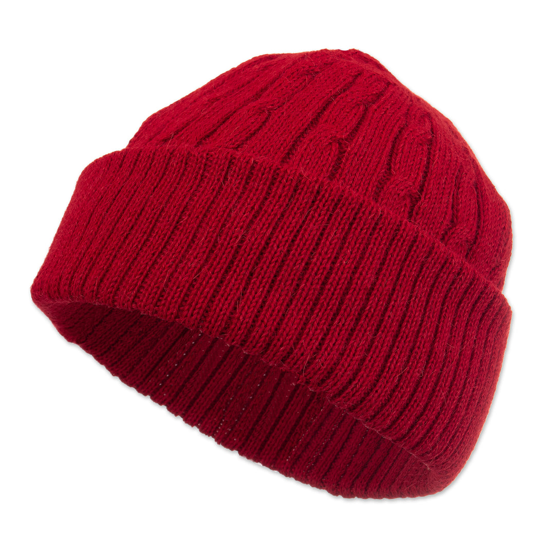 Crimson Red 100% Alpaca Soft Cable Knit Hat from Peru - Comfy in Red