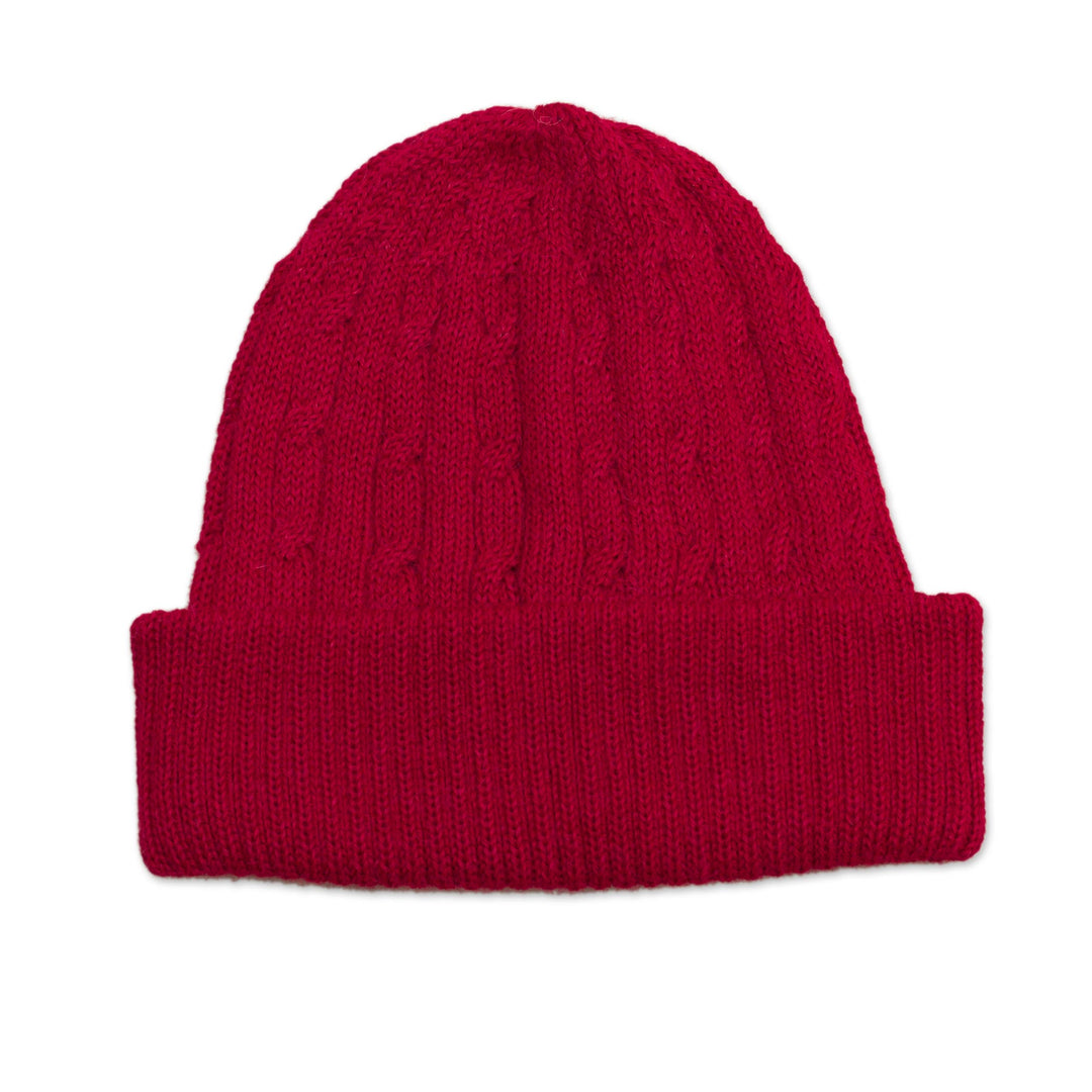 Crimson Red 100% Alpaca Soft Cable Knit Hat from Peru - Comfy in Red