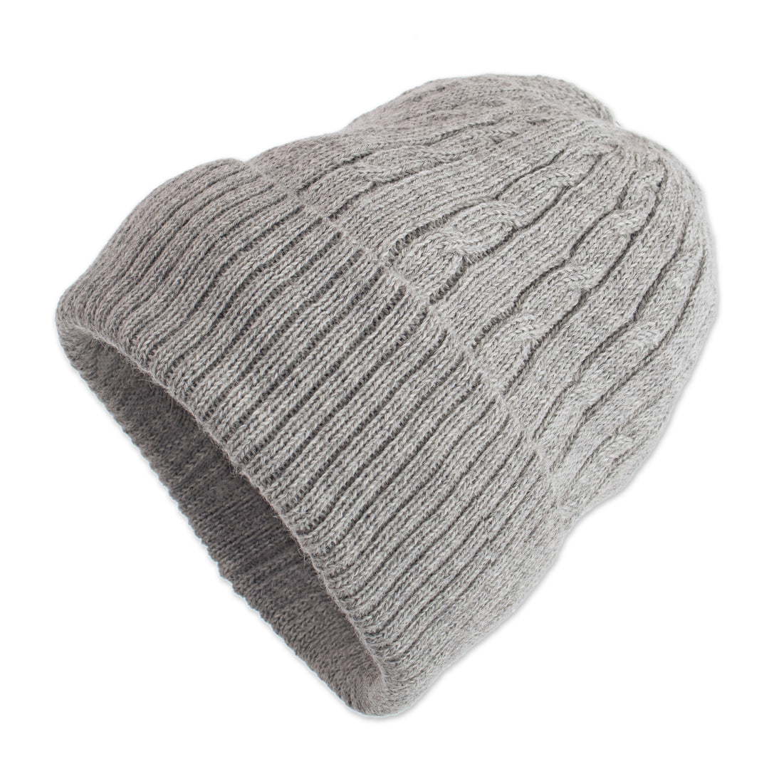 Soft Smoky Grey 100% Alpaca Cable Knit Hat from Peru - Comfy in Grey