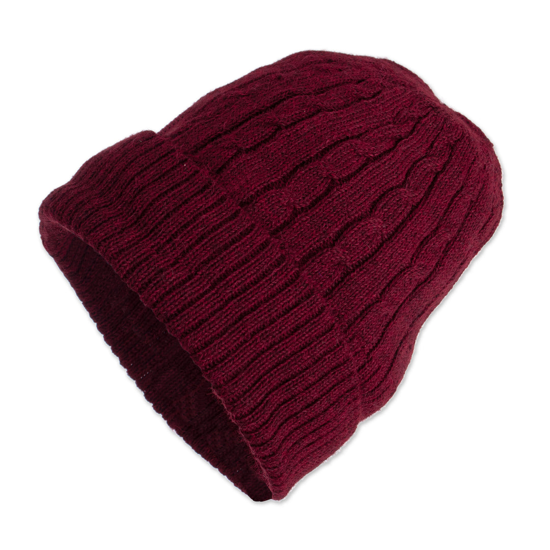 Cranberry Red 100% Alpaca Soft Cable Knit Hat from Peru - Comfy in Burgundy