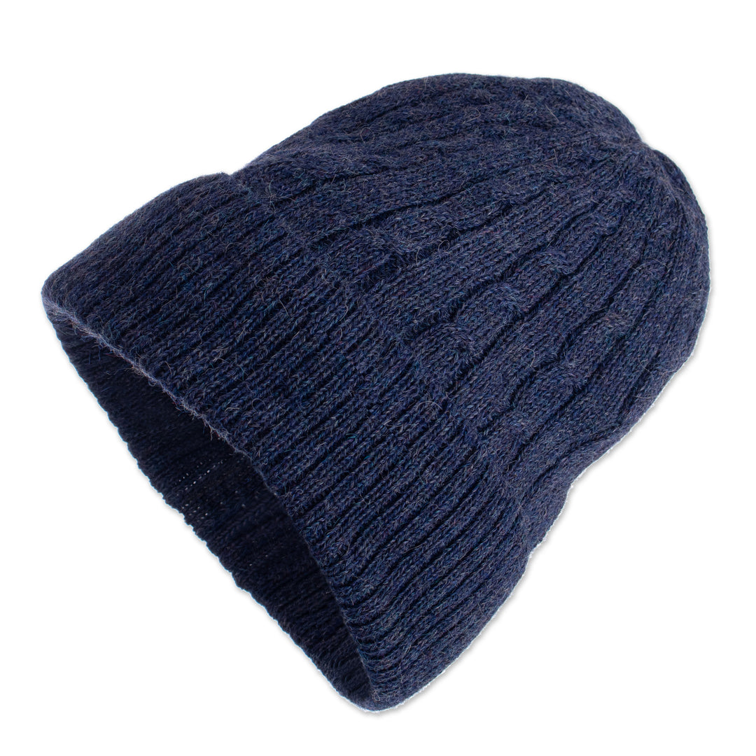 Indigo Blue 100% Alpaca Soft Cable Knit Hat from Peru - Comfy in Dark Blue