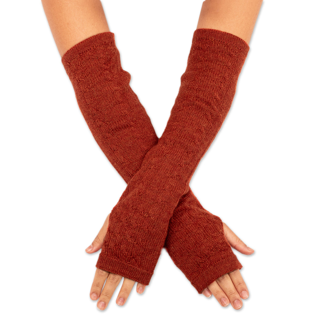 100% Baby Alpaca Orange Knit Fingerless Mitts From Peru - Luscious Twist in Orange