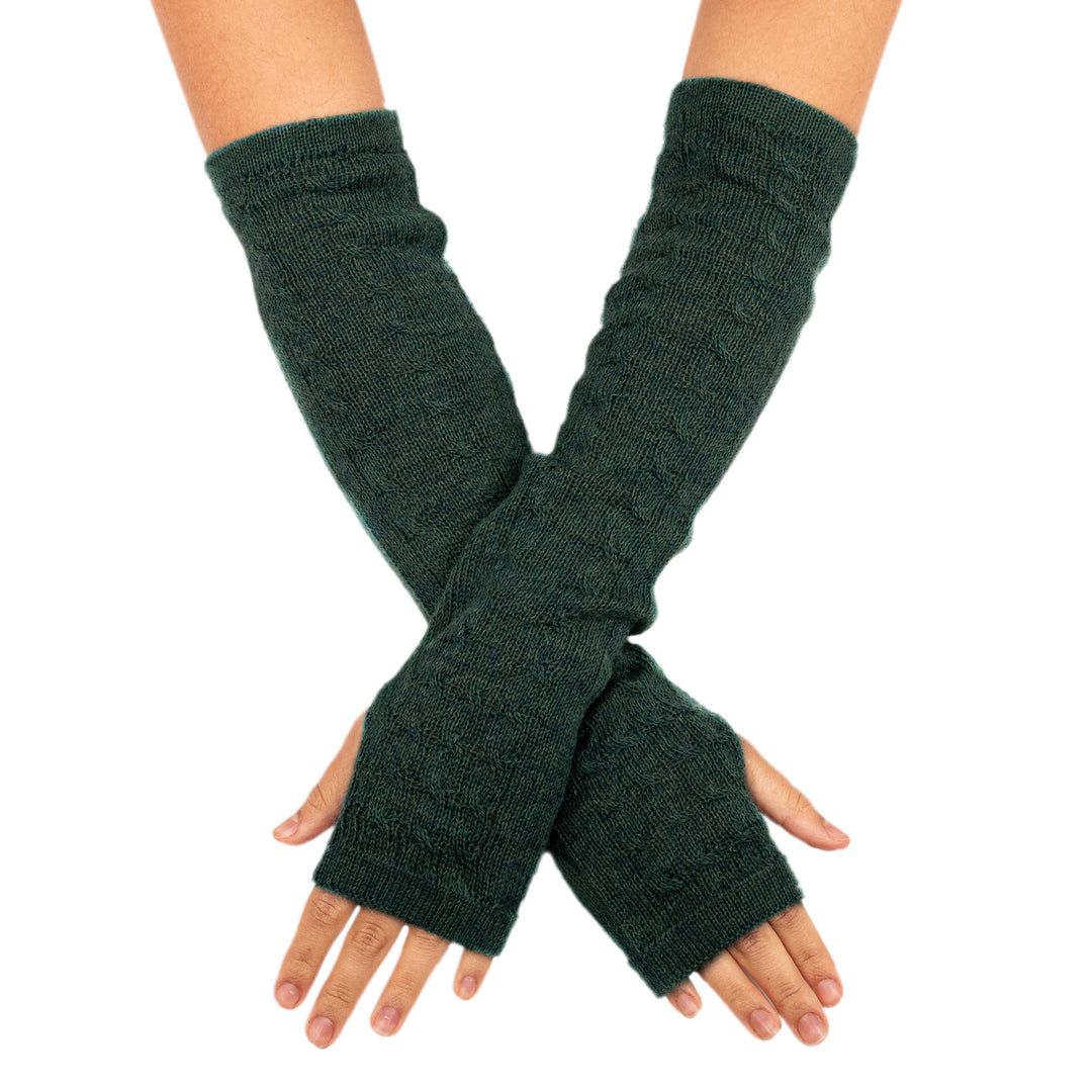 100% Baby Alpaca Loden Green Knit Fingerless Mitts From Peru - Luscious Twist in Green
