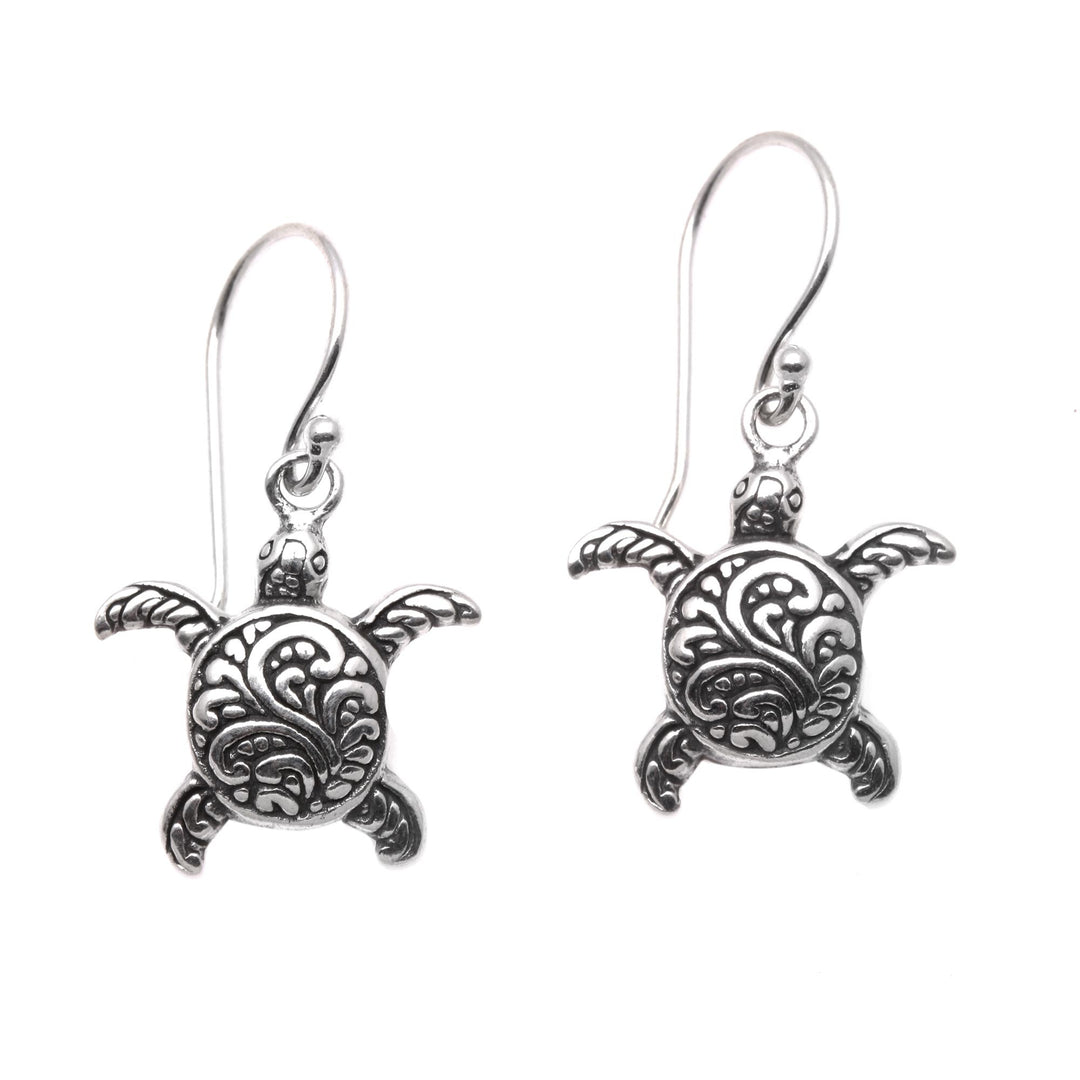 Sterling Silver Sea Turtle Dangle Earrings from Bali - Baby Turtles