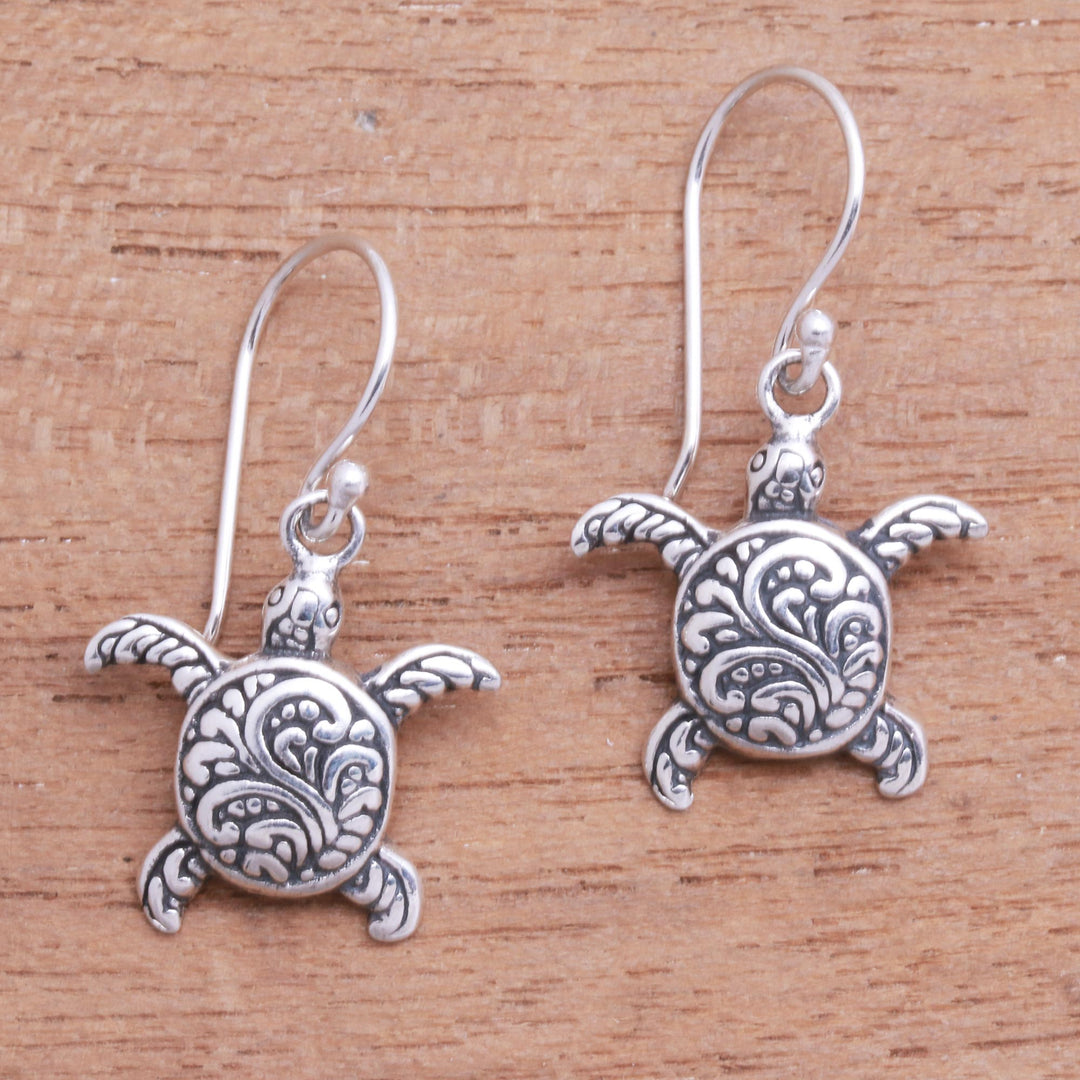 Sterling Silver Sea Turtle Dangle Earrings from Bali - Baby Turtles