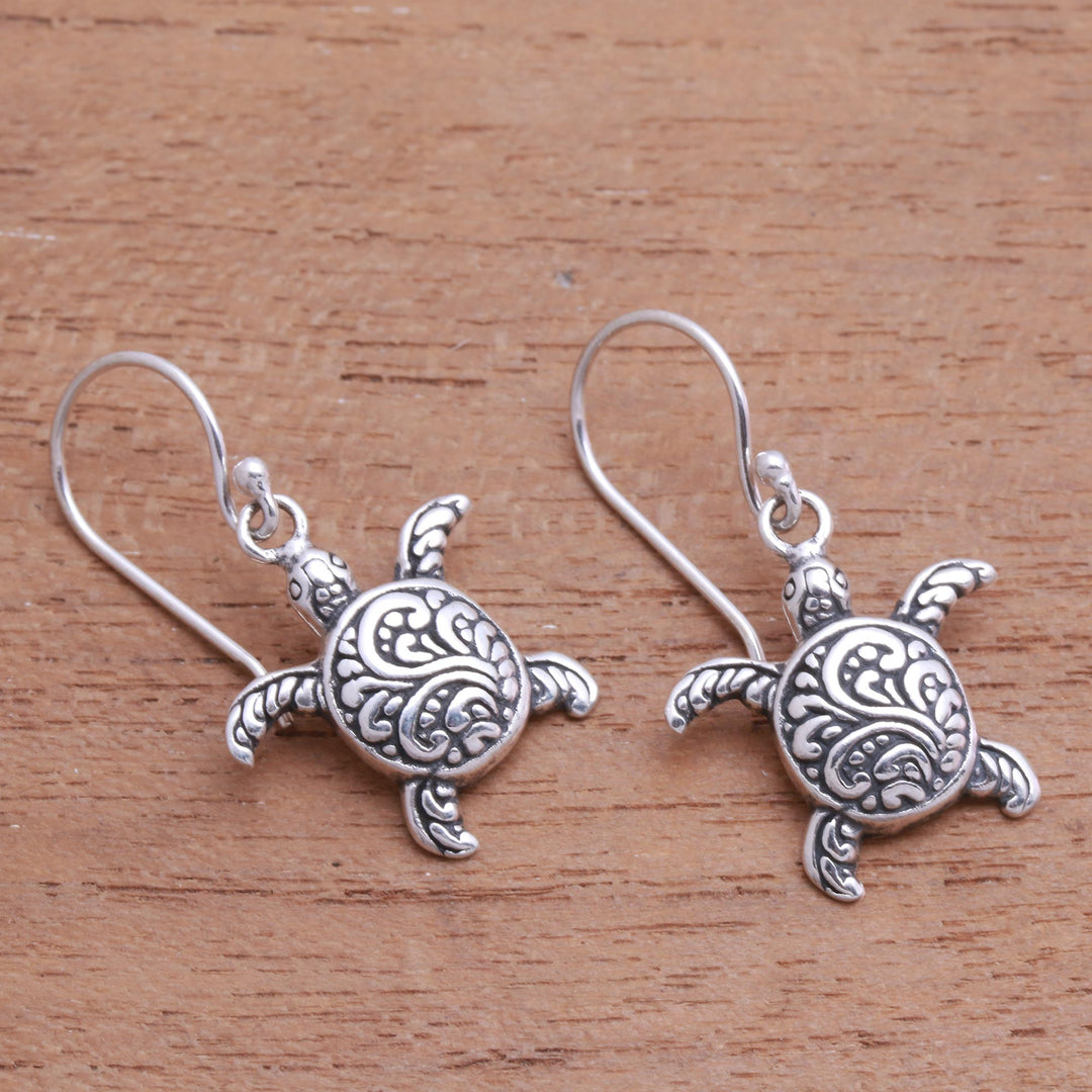 Sterling Silver Sea Turtle Dangle Earrings from Bali - Baby Turtles