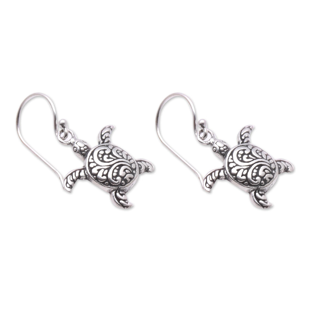 Sterling Silver Sea Turtle Dangle Earrings from Bali - Baby Turtles