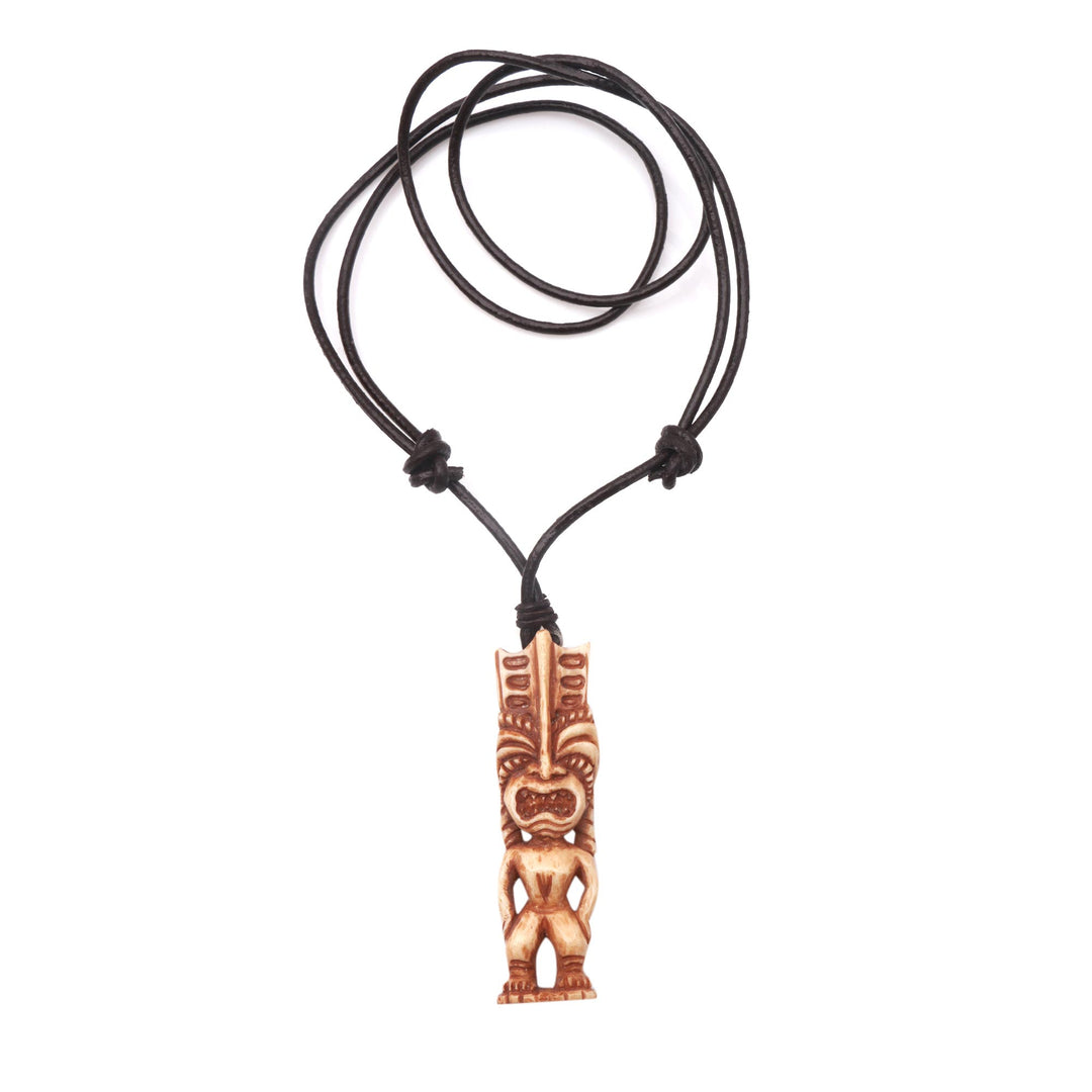 Hand-Carved Polynesian Bone Pendant Necklace from Bali - Polynesian Figure