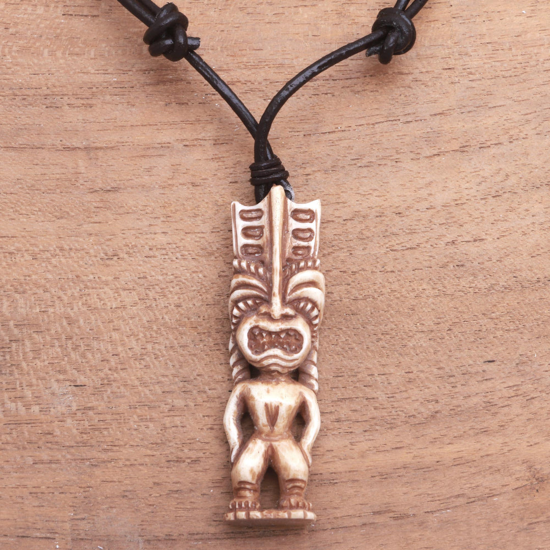 Hand-Carved Polynesian Bone Pendant Necklace from Bali - Polynesian Figure
