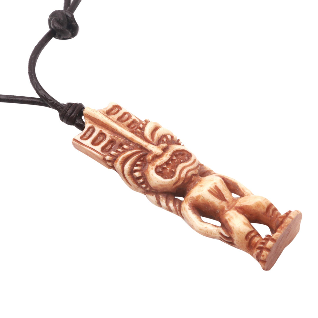 Hand-Carved Polynesian Bone Pendant Necklace from Bali - Polynesian Figure