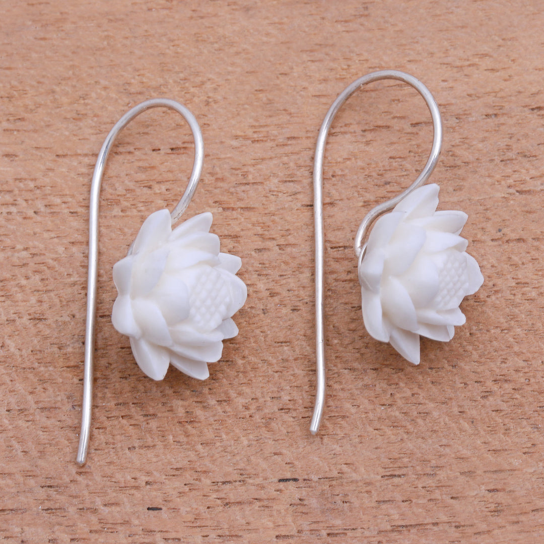 Floral Bone Drop Earrings Crafted in Bali - Floating Padma