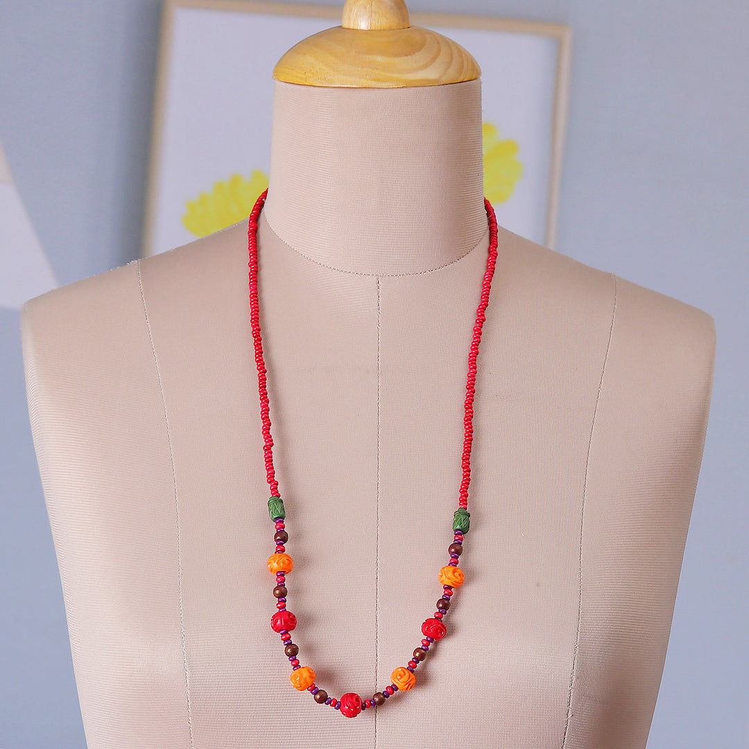 Colorful Wood Beaded Long Necklace from India - Boho Rose