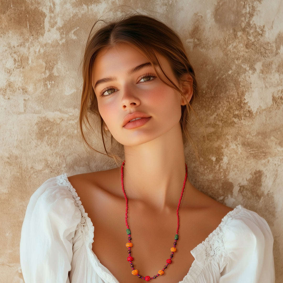 Colorful Wood Beaded Long Necklace from India - Boho Rose