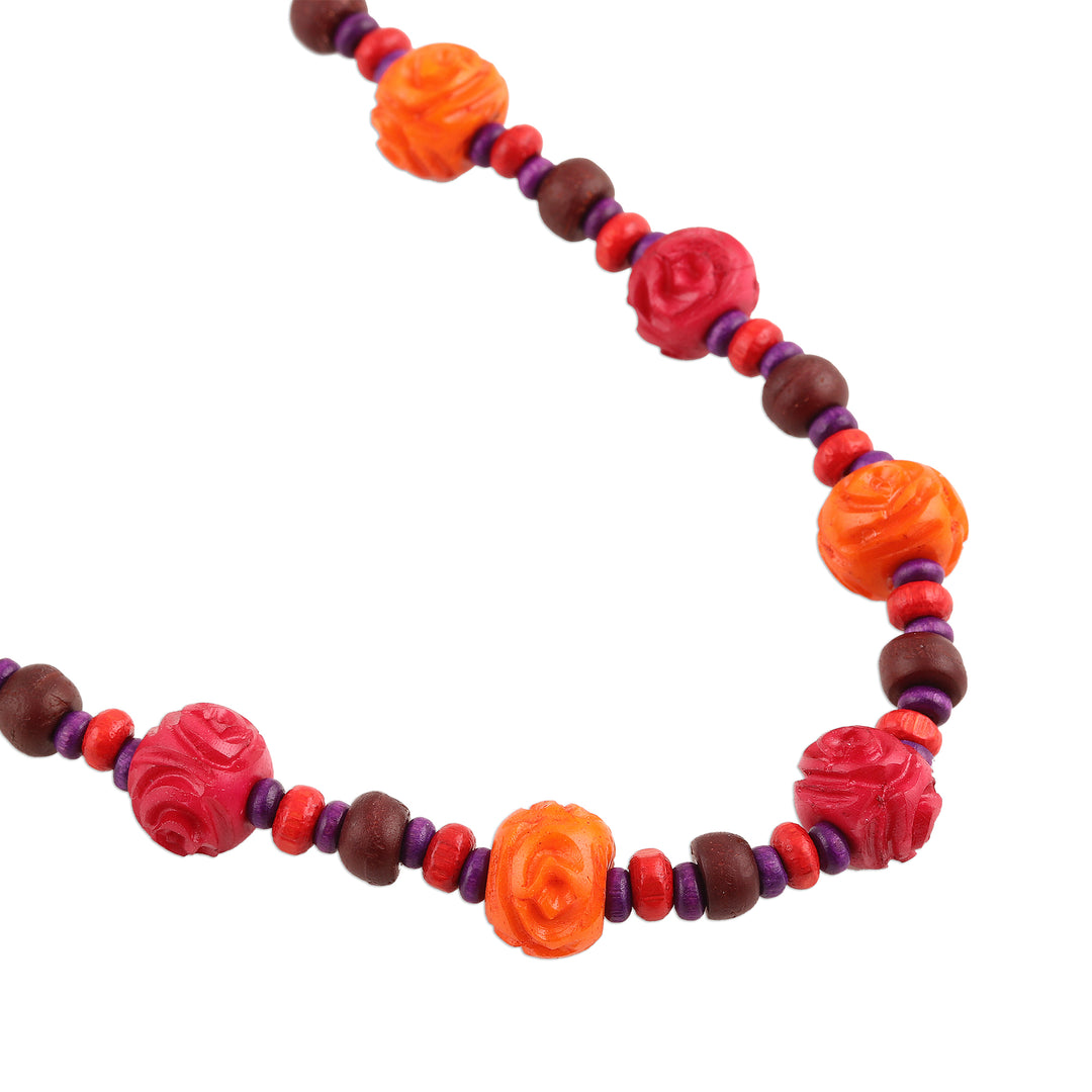 Colorful Wood Beaded Long Necklace from India - Boho Rose