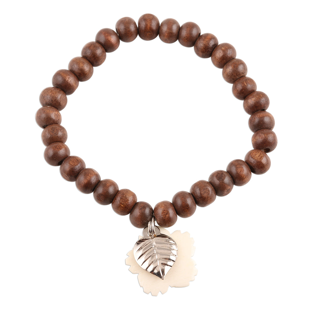 Wood Beaded Stretch Bracelet from India - Boho Leaf