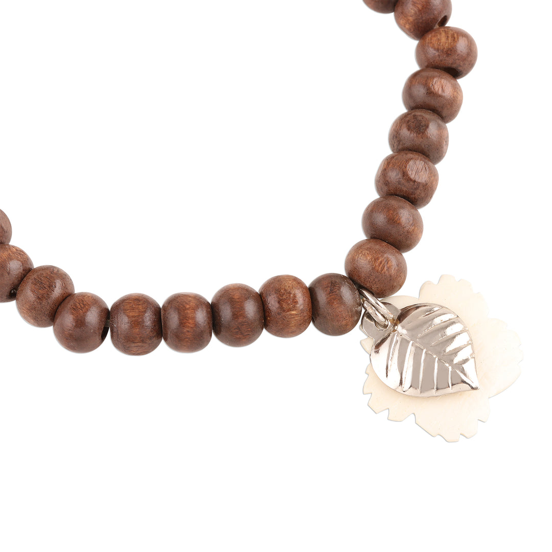 Wood Beaded Stretch Bracelet from India - Boho Leaf