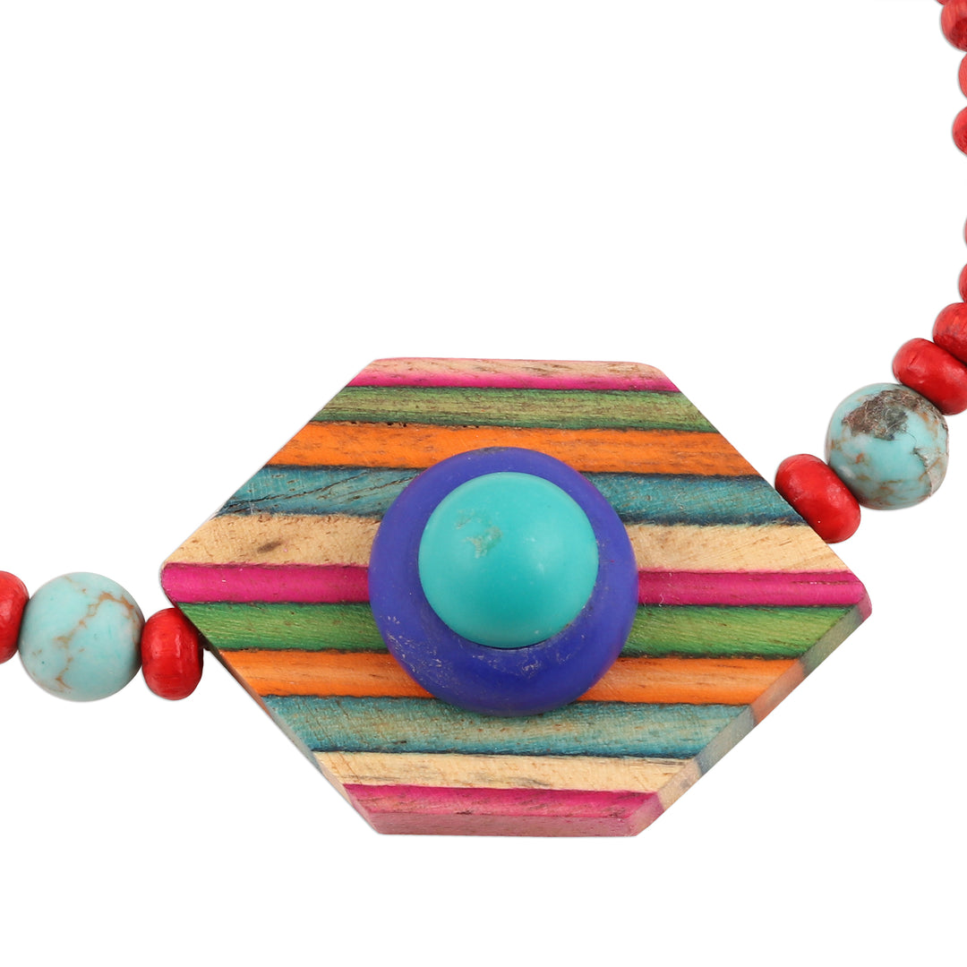 Colorful Wood Beaded Pendant Bracelet from India - Colorful Hex