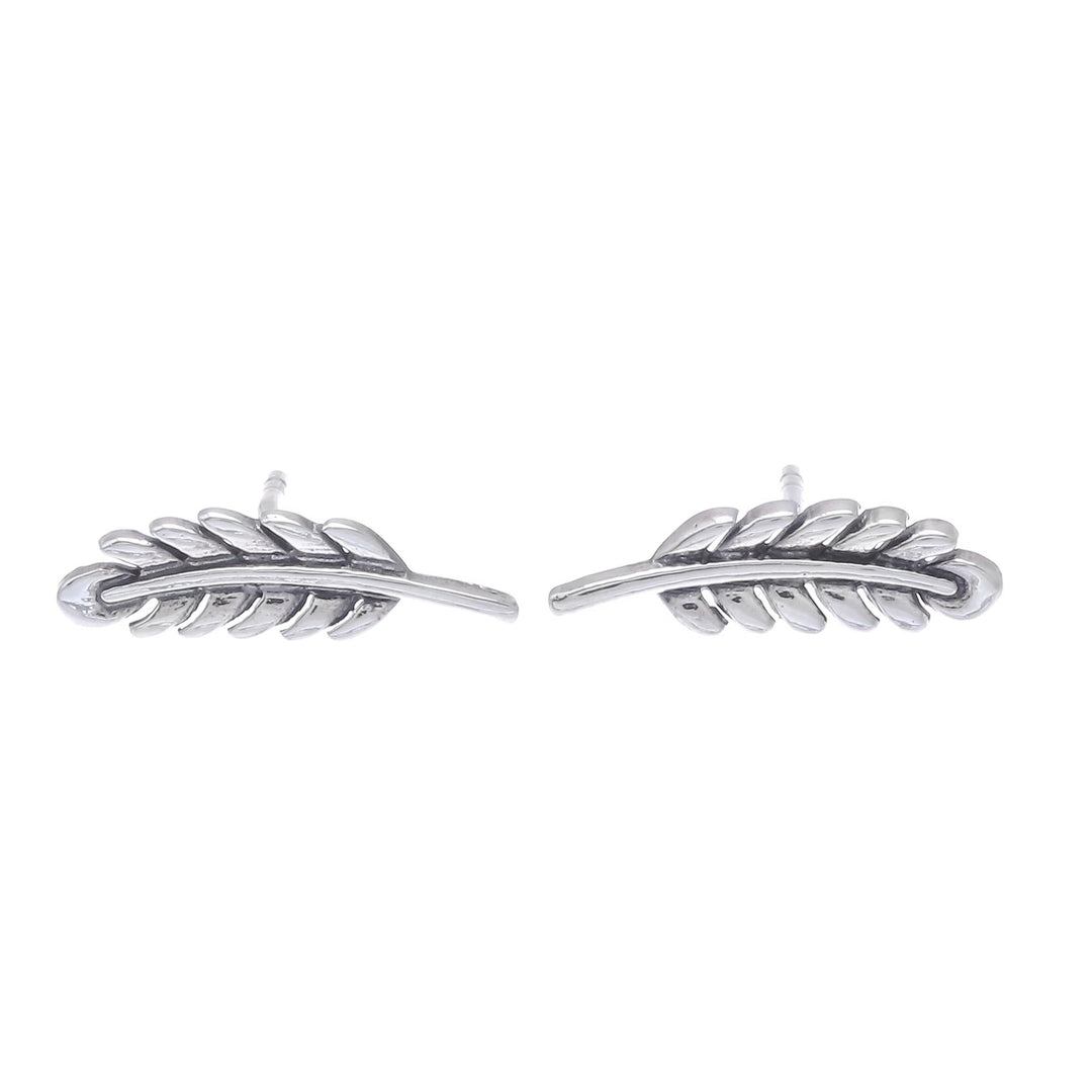 Leafy Sterling Silver Button Earrings from Thailand - Adorable Leaves