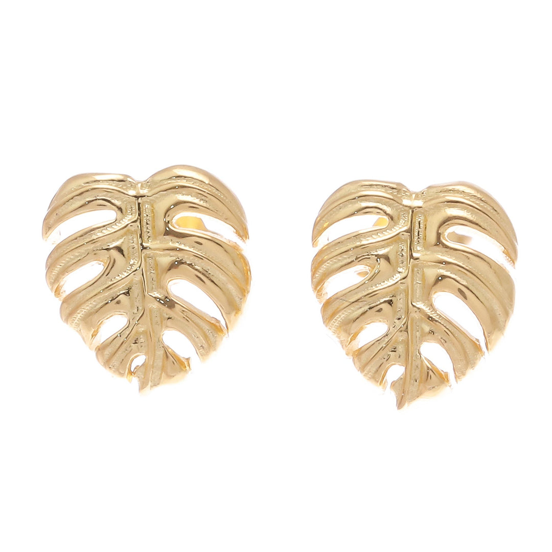 Handcrafted Thai 18k Gold Plated Leaf Stud Earrings - Tropical Leaf