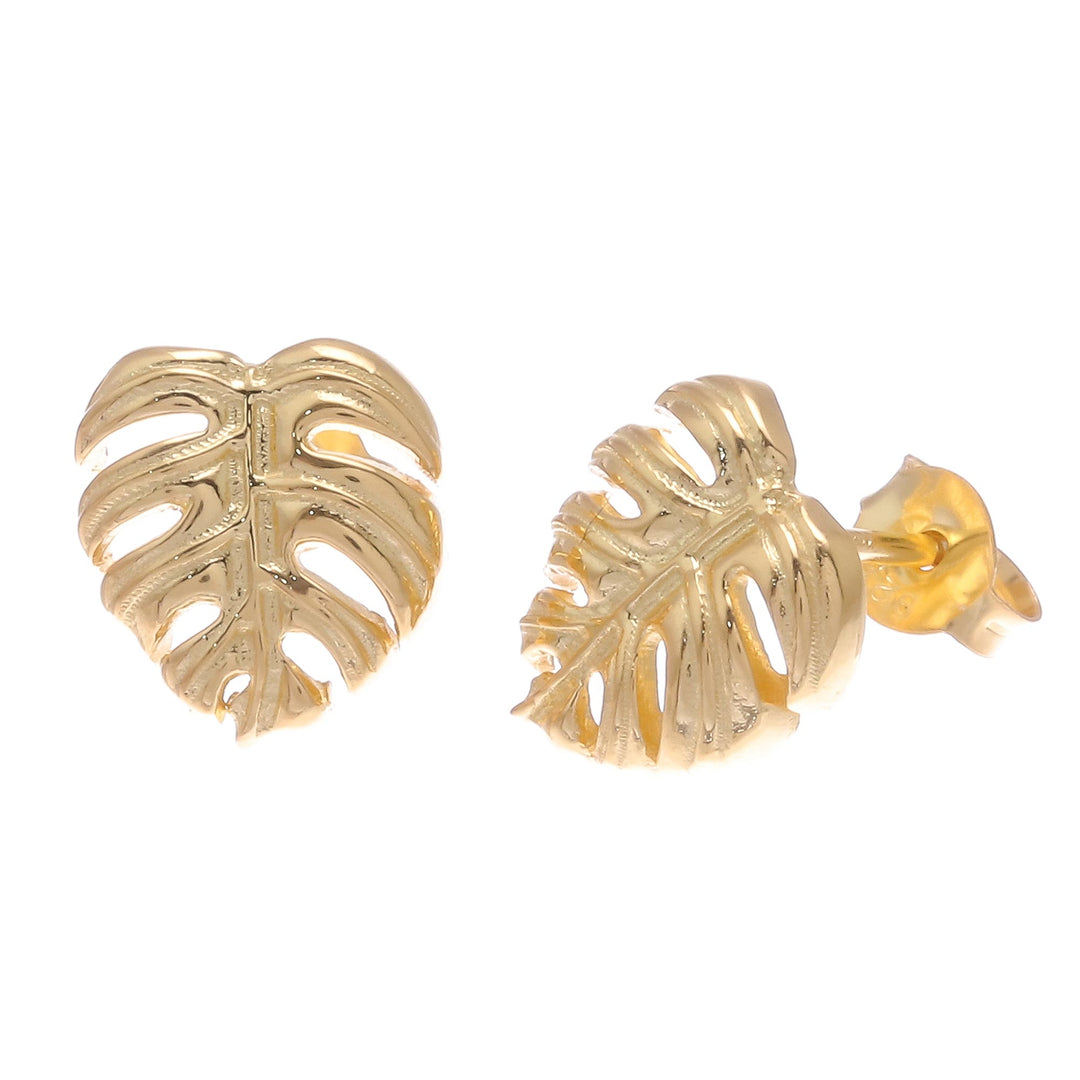 Handcrafted Thai 18k Gold Plated Leaf Stud Earrings - Tropical Leaf