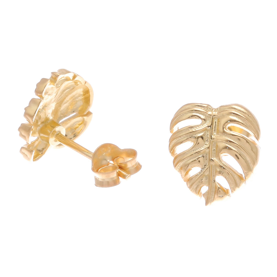 Handcrafted Thai 18k Gold Plated Leaf Stud Earrings - Tropical Leaf