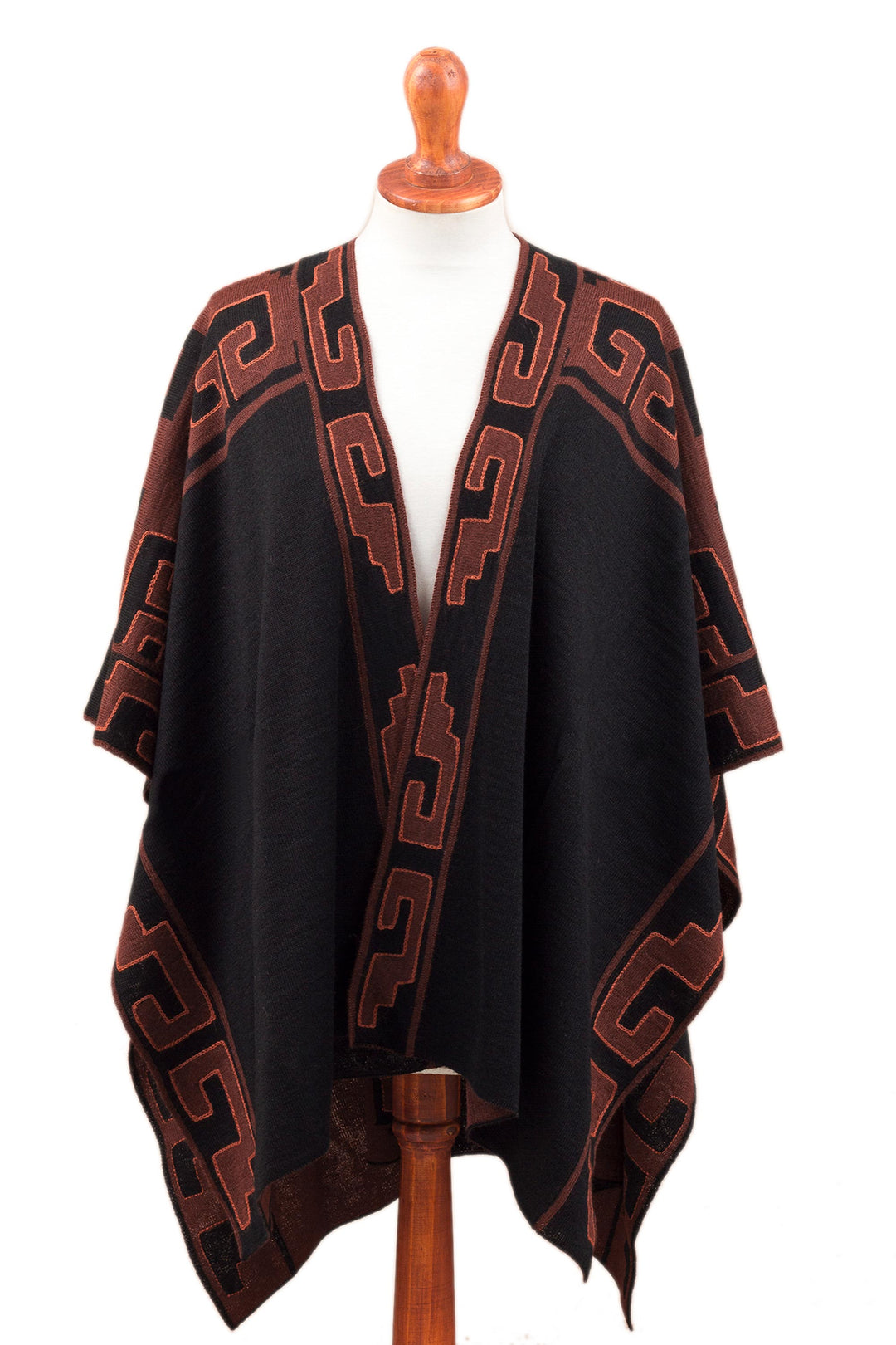 Mahogany and Black Alpaca Blend Ruana from Peru - Inca Afternoon in Black