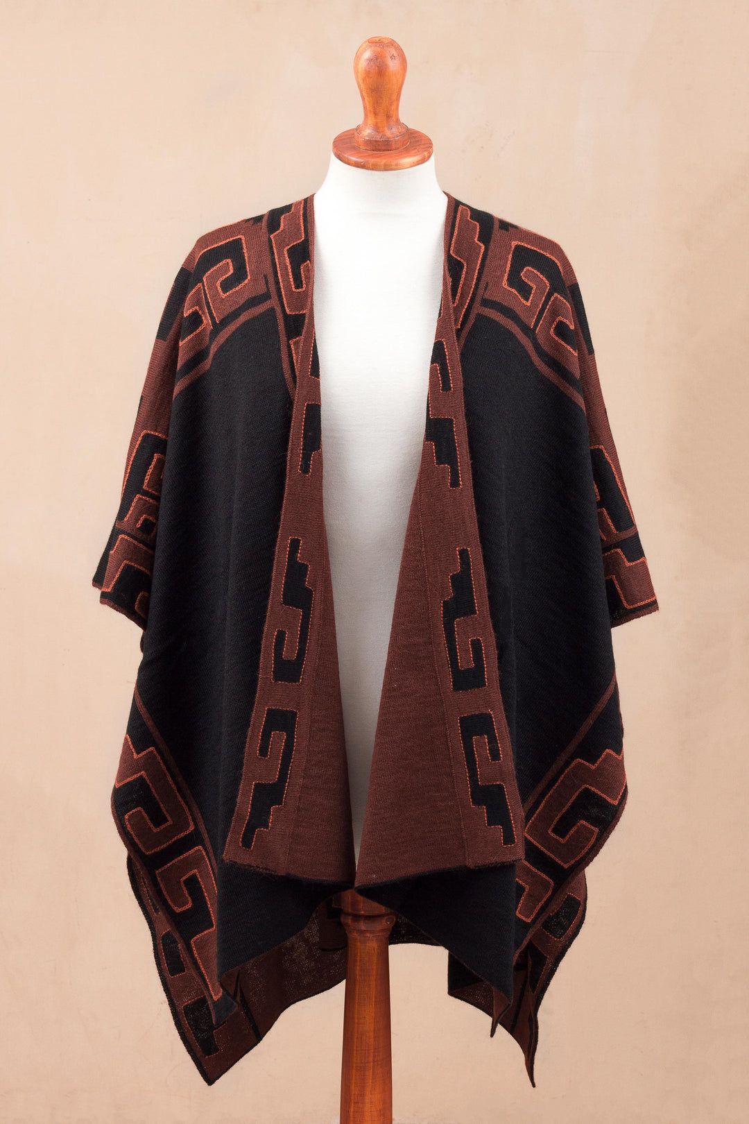 Mahogany and Black Alpaca Blend Ruana from Peru - Inca Afternoon in Black