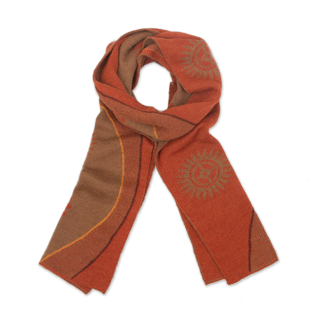 Sun Motif Sepia and Pumpkin Alpaca Blend Scarf from Peru - Pumpkin and Sepia Cosmovision