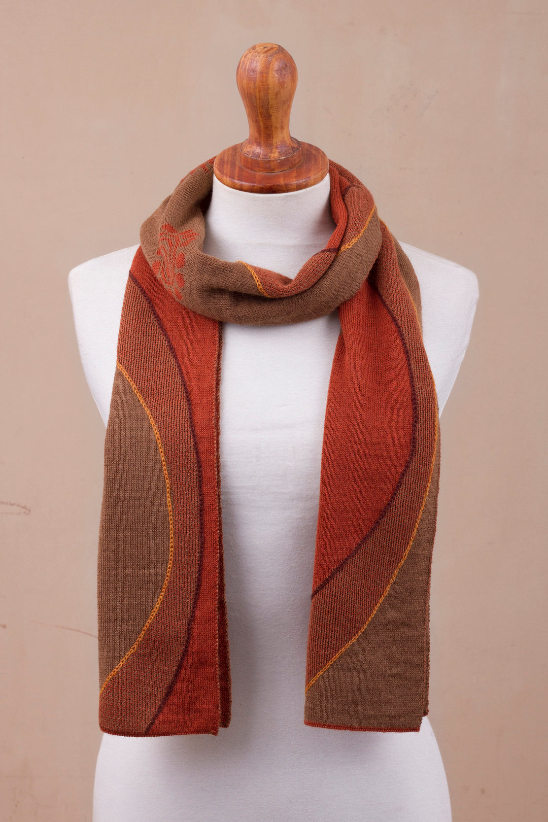 Sun Motif Sepia and Pumpkin Alpaca Blend Scarf from Peru - Pumpkin and Sepia Cosmovision