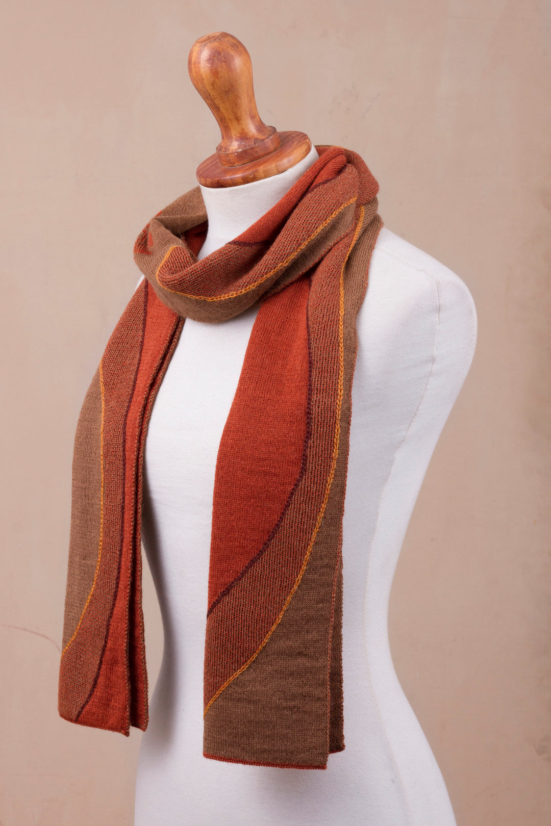 Sun Motif Sepia and Pumpkin Alpaca Blend Scarf from Peru - Pumpkin and Sepia Cosmovision