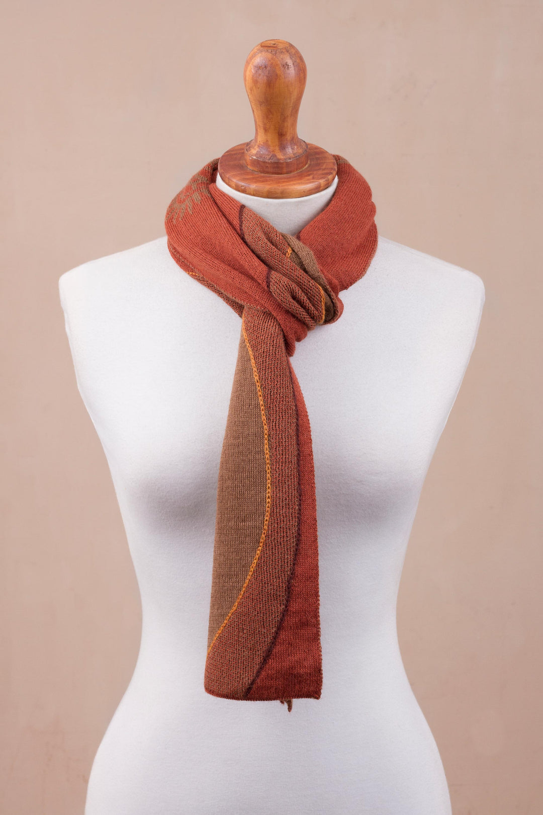 Sun Motif Sepia and Pumpkin Alpaca Blend Scarf from Peru - Pumpkin and Sepia Cosmovision