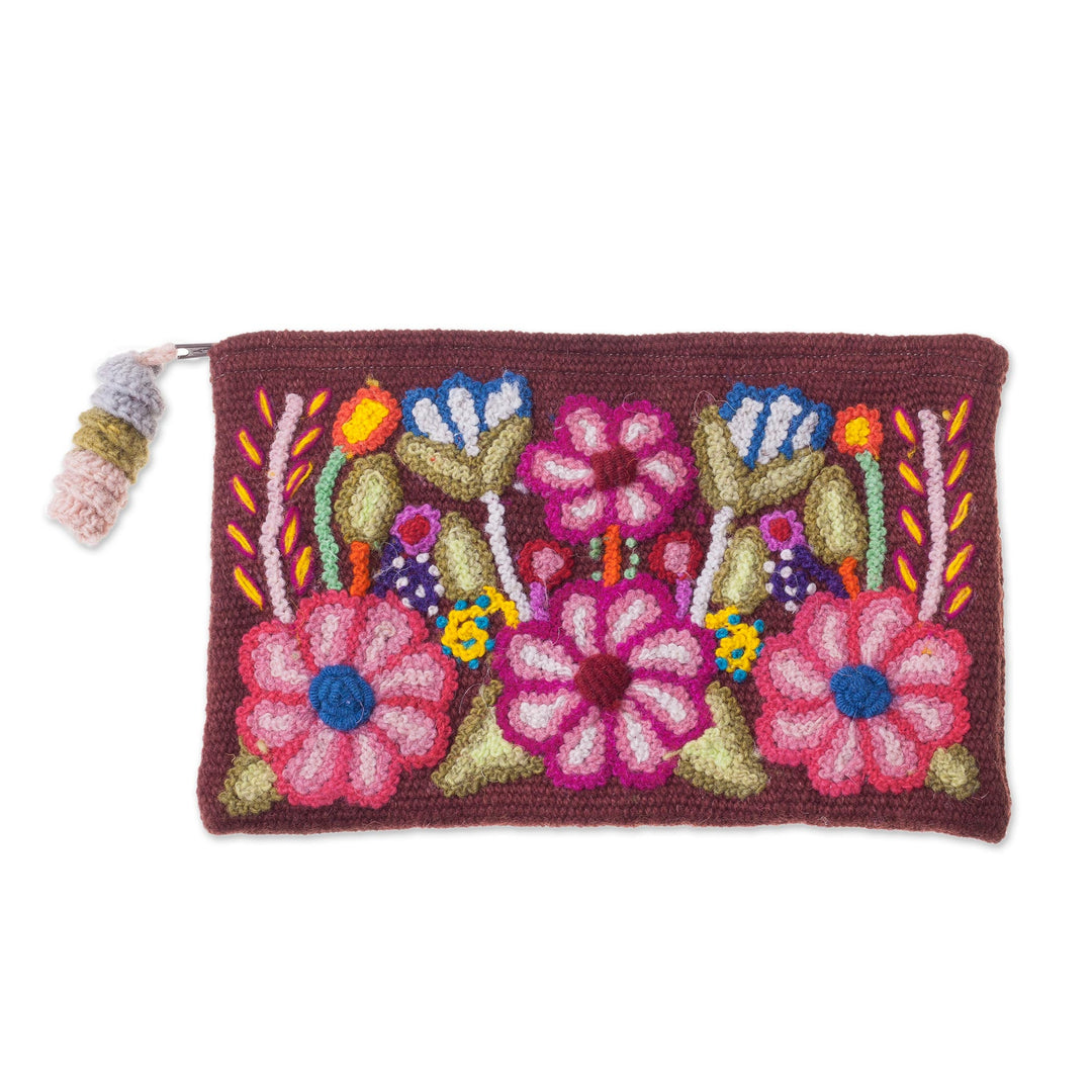 Handwoven Floral Wool Clutch in Mahogany from Peru - Peruvian Bouquet
