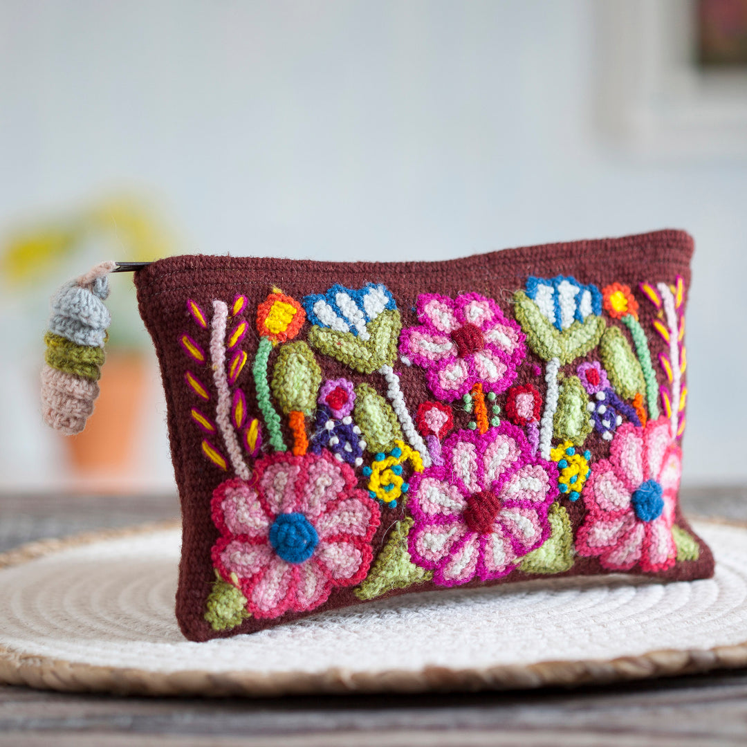 Handwoven Floral Wool Clutch in Mahogany from Peru - Peruvian Bouquet
