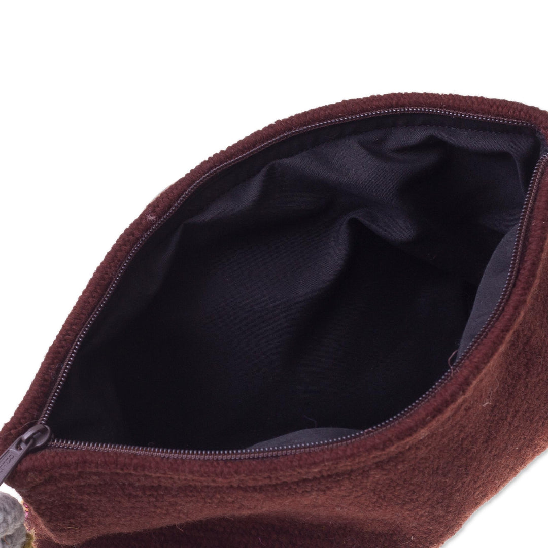 Handwoven Floral Wool Clutch in Mahogany from Peru - Peruvian Bouquet