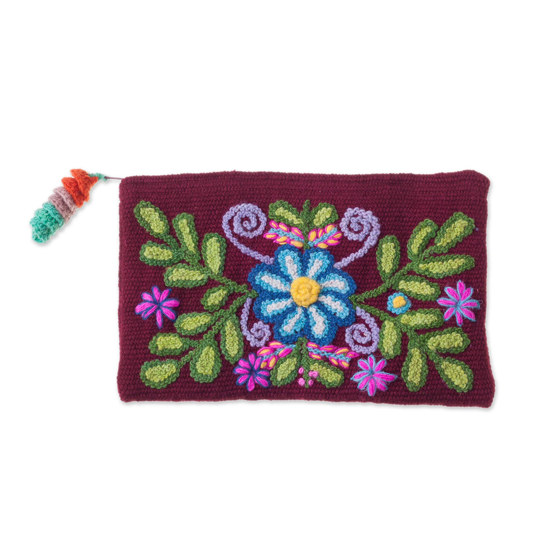 Handwoven Floral Wool Clutch in Maroon from Peru - Peruvian Garden