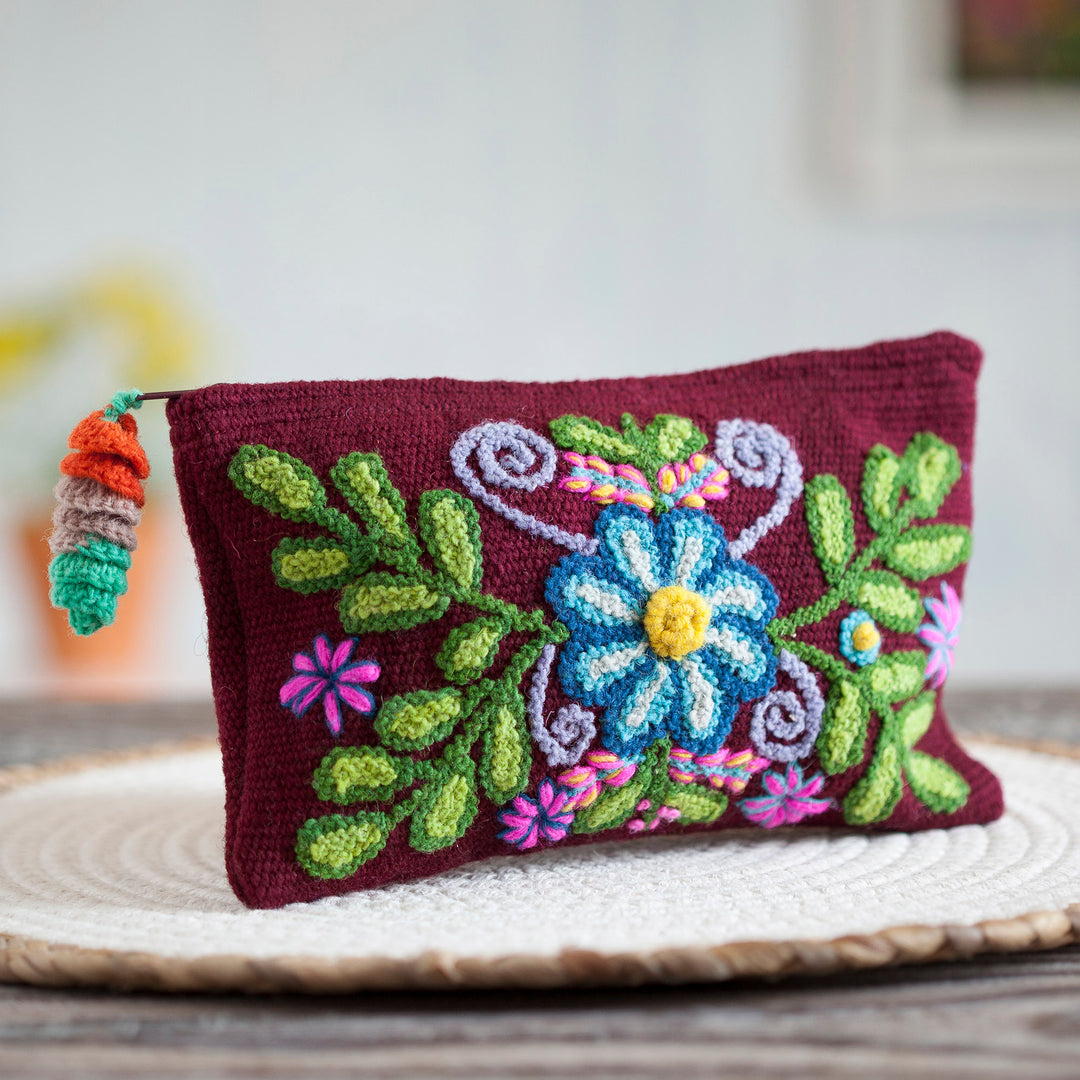 Handwoven Floral Wool Clutch in Maroon from Peru - Peruvian Garden