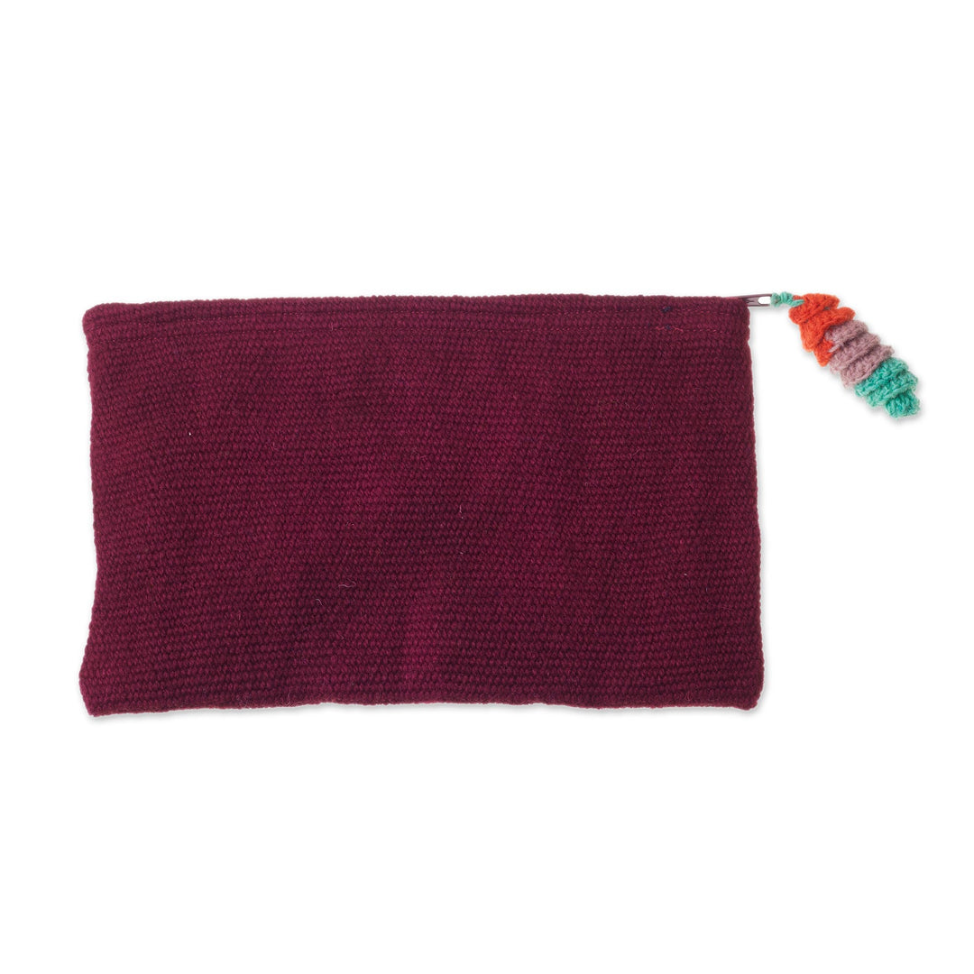 Handwoven Floral Wool Clutch in Maroon from Peru - Peruvian Garden