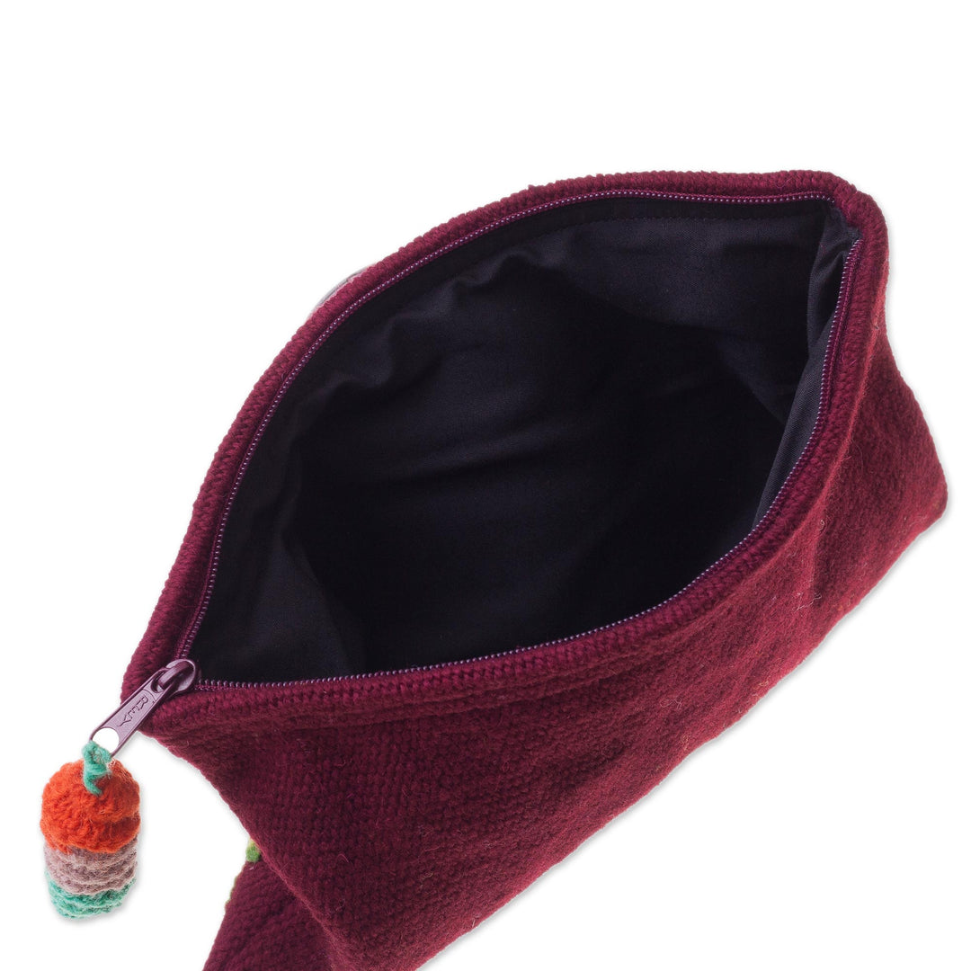Handwoven Floral Wool Clutch in Maroon from Peru - Peruvian Garden