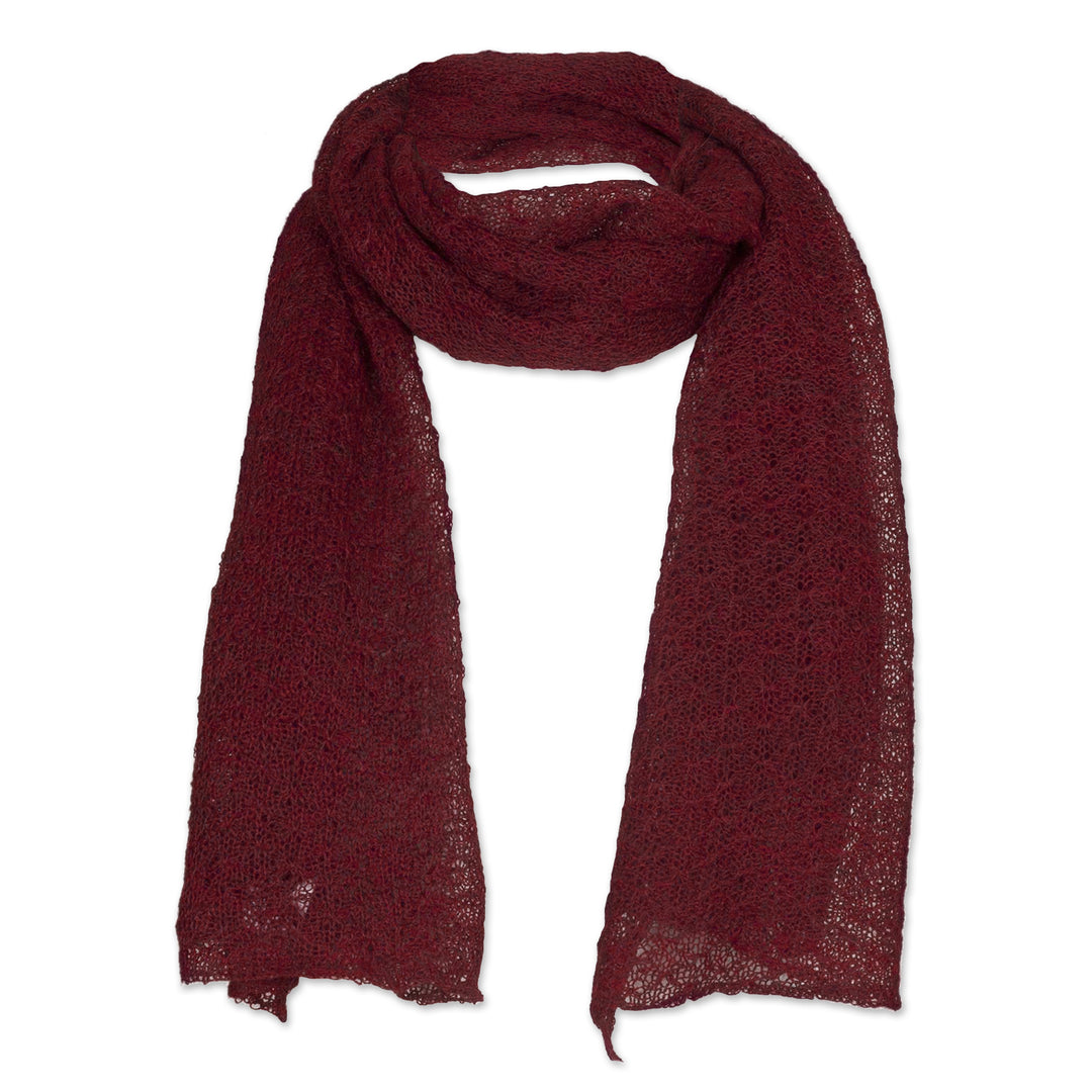 Textured 100% Baby Alpaca Wrap Scarf in Wine from Peru - Wavy Texture in Wine