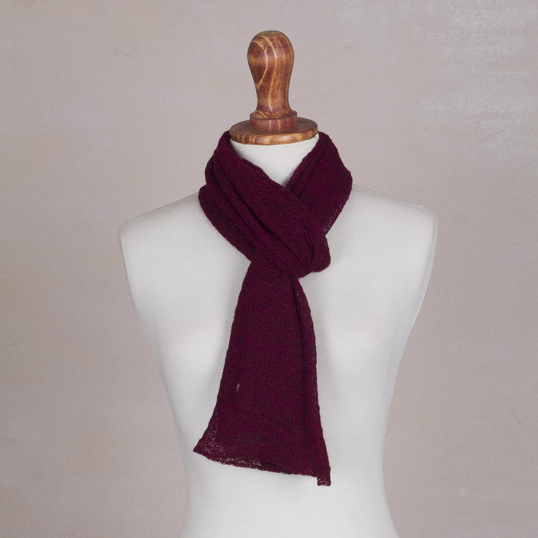 Textured 100% Baby Alpaca Wrap Scarf in Wine from Peru - Wavy Texture in Wine