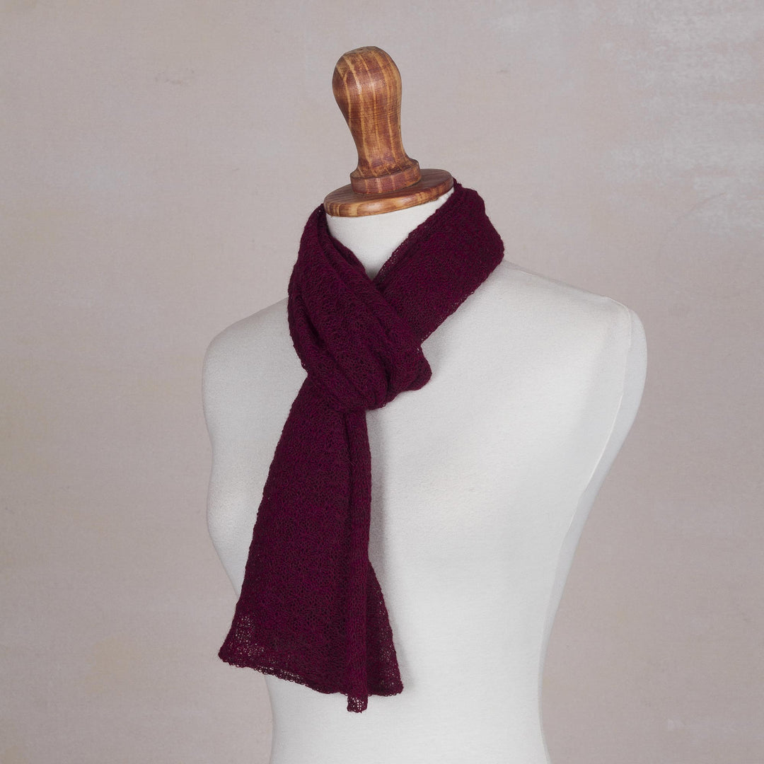 Textured 100% Baby Alpaca Wrap Scarf in Wine from Peru - Wavy Texture in Wine