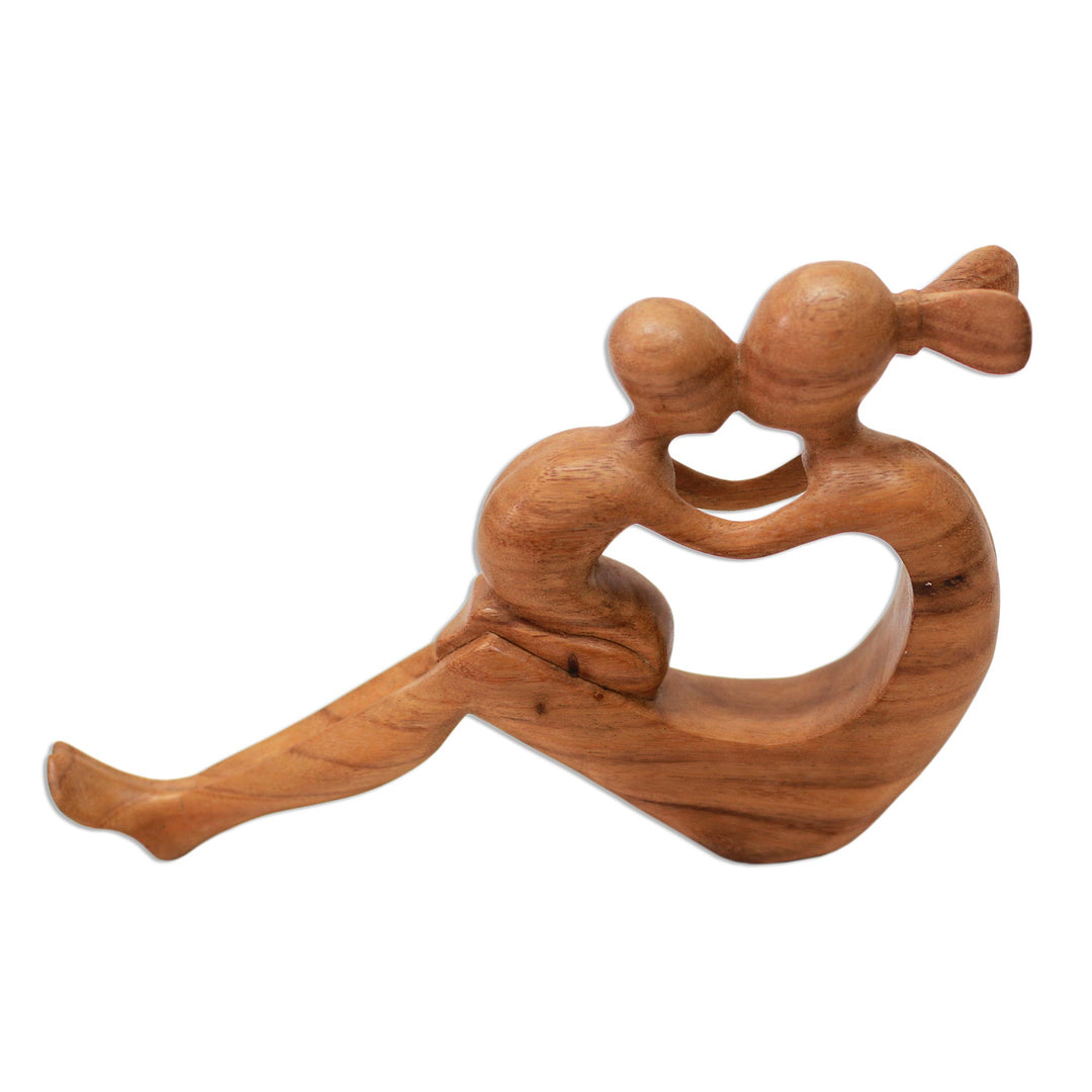 Natural Suar Wood Mother and child Sculpture from Bali - Her Love Will Never Fade