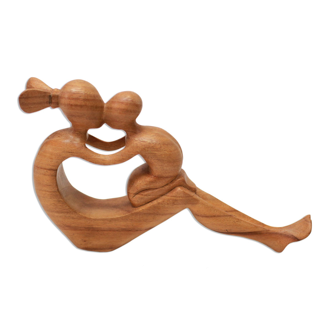 Natural Suar Wood Mother and child Sculpture from Bali - Her Love Will Never Fade